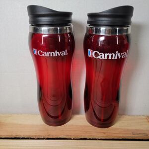 Set of 2 Carnival Cruise Lines Transparent Red Tumblers w/ Lids